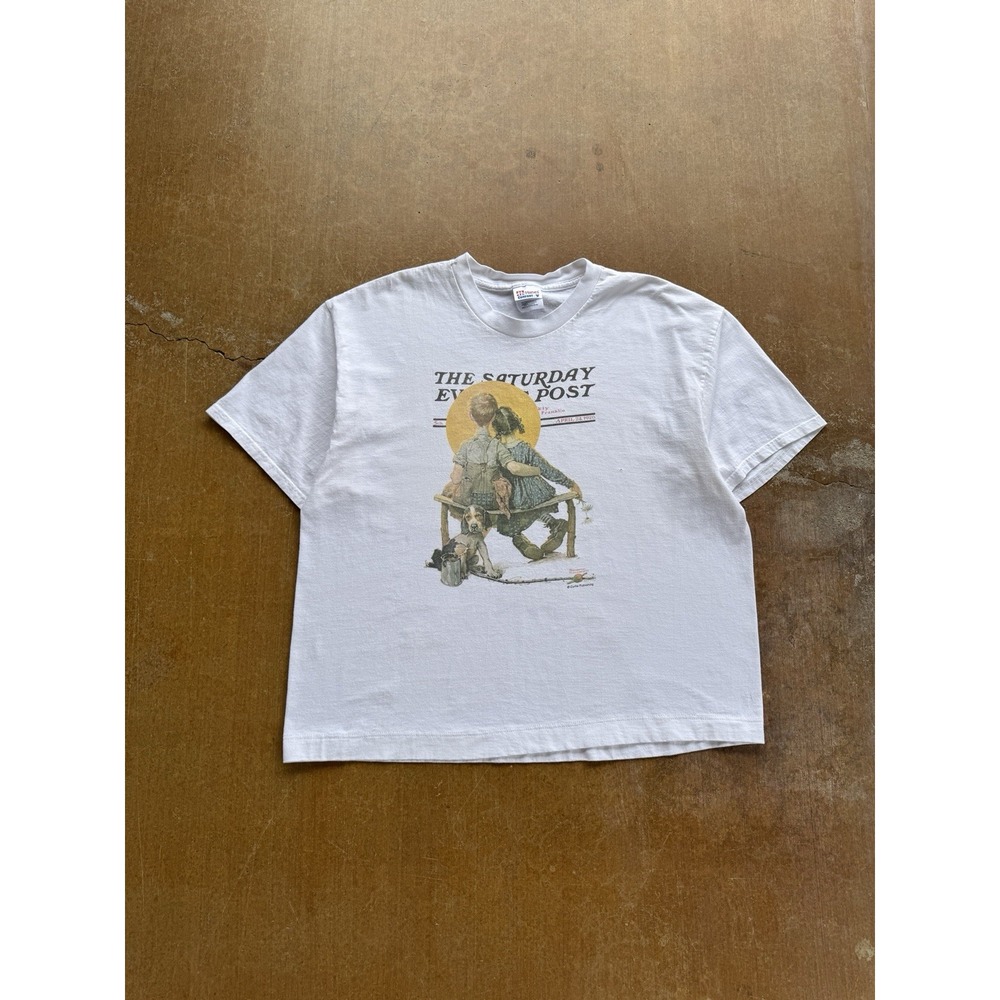VTG 90s Cropped Norman Rockwell Saturday Evening Post Art Kids Dog T-Shirt (L)